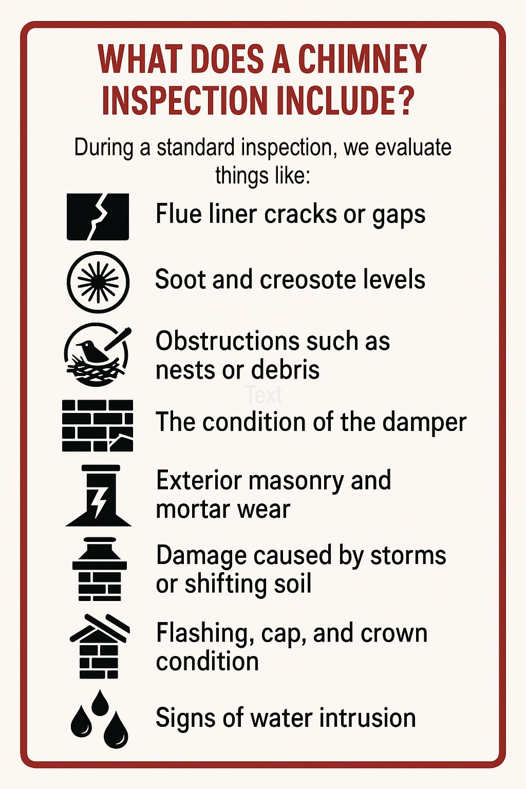 original infographic showing a cream-colored background with a thick red rectangular border and bold red title text at the top reading “WHAT DOES A CHIMNEY INSPECTION INCLUDE?”, followed by black subtitle text explaining that a standard inspection evaluates several items; the infographic lists each item with a corresponding black icon to the left, including a cracked square for flue liner cracks or gaps, a circular sootburst symbol for soot and creosote levels, a bird nest for obstructions such as nests or debris, a brick pattern for damper condition, a chimney with a lightning-bolt crack for exterior masonry and mortar wear, a stacked chimney for storm or soil-shift damage, a roofline with chimney for flashing, cap, and crown condition, and three water droplets indicating signs of water intrusion; all text is black and neatly aligned in a single column.