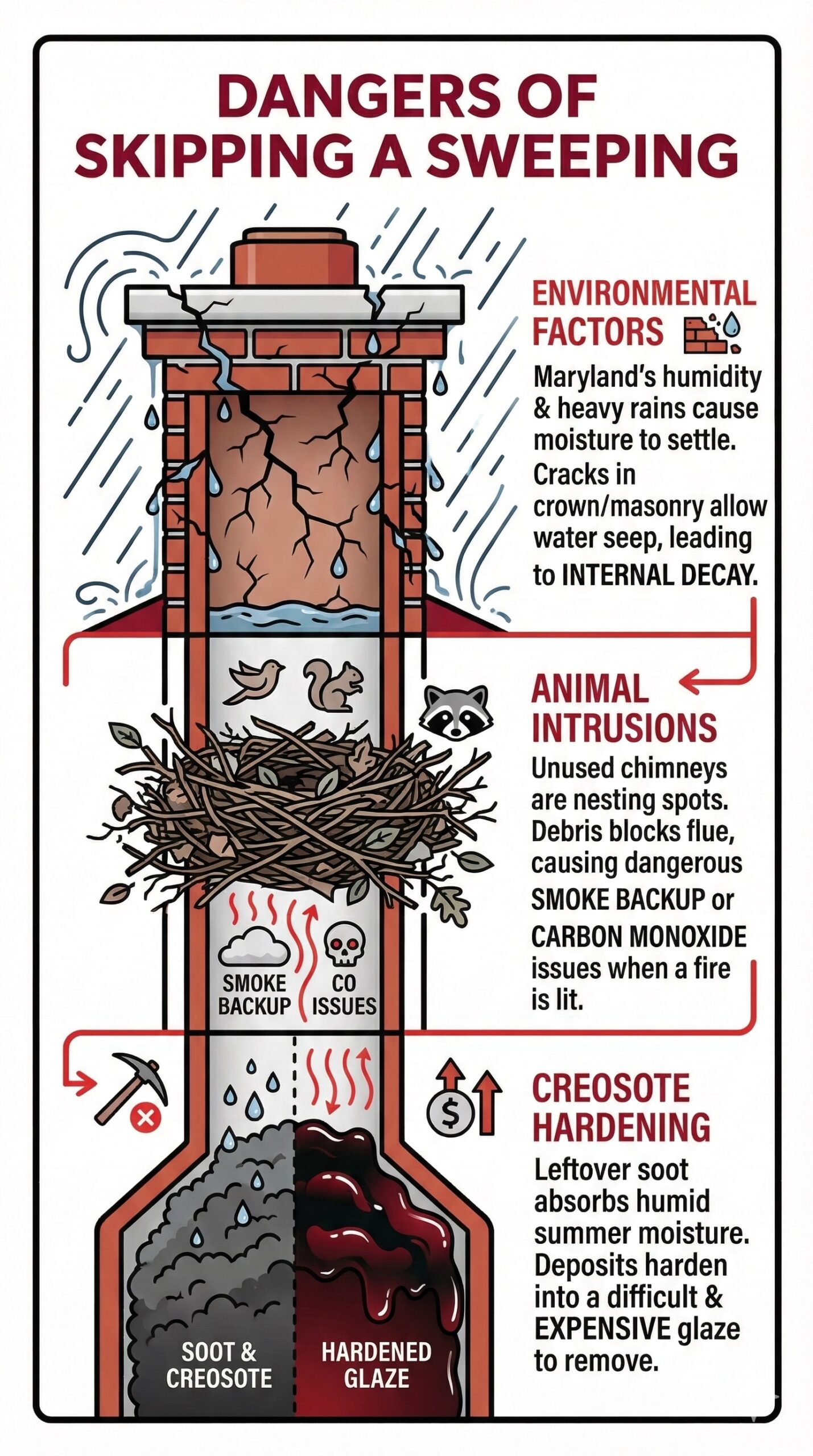 original infographic titled "DANGERS OF SKIPPING A SWEEPING" presented in a portrait orientation with a clean white background, black text, and deep red accents. The graphic features a vertical cross-section of a brick chimney that illustrates three distinct risks through detailed icons and descriptive text blocks. At the top, under the heading "Environmental Factors," an illustration shows rain and moisture seeping into cracks in the chimney crown and masonry, noting that Maryland’s humidity leads to internal decay. The middle section, "Animal Intrusions," depicts a large nest of twigs and leaves completely blocking the flue, accompanied by icons of a bird, squirrel, and raccoon; text warns that this debris causes dangerous smoke backup and carbon monoxide issues. The bottom section, "Creosote Hardening," shows a fireplace divided between gray soot and a thick, dark red hardened glaze, explaining that humid summer moisture causes deposits to harden into a glaze that is difficult and expensive to remove.
